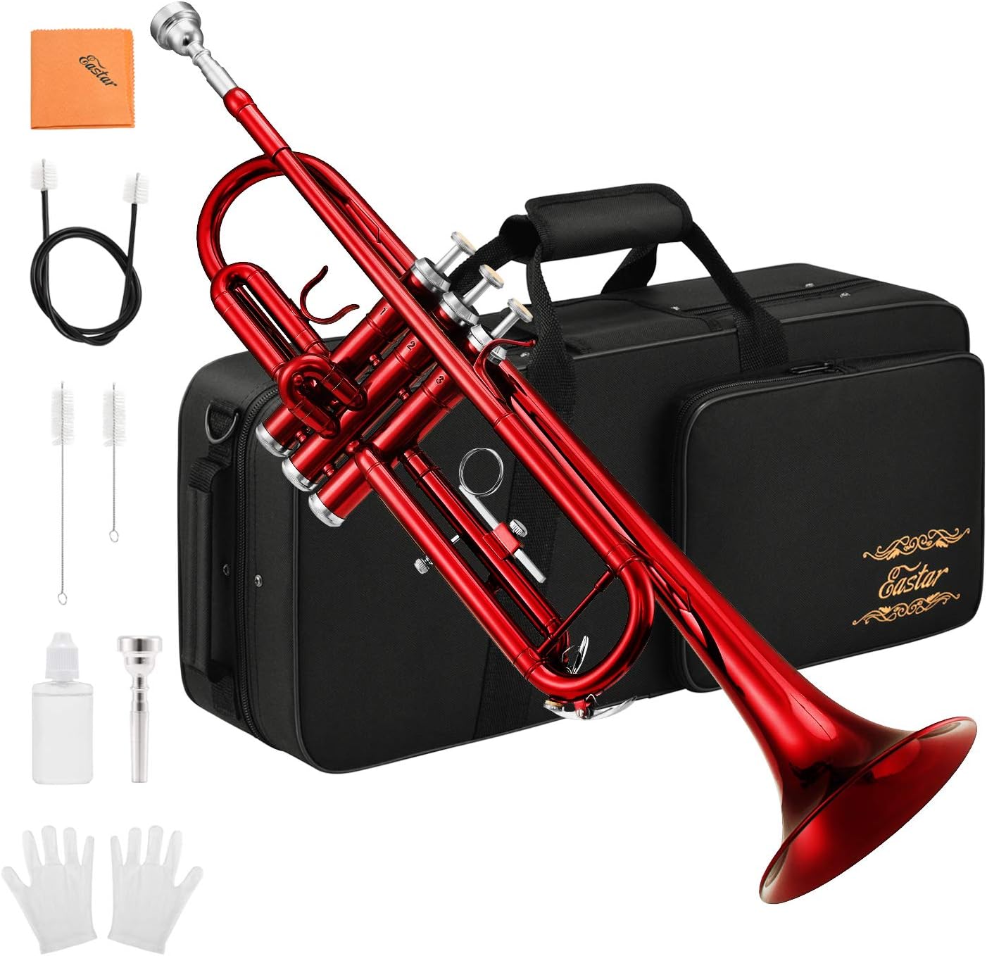 Eastar Standard Bb Black Trumpet Set for Student Beginner Brass Instrument with Hard Case, Gloves, 7 C Mouthpiece, Valve Oil and Trumpet Cleaning Kit, ETR-380B (Black): Musical Instruments