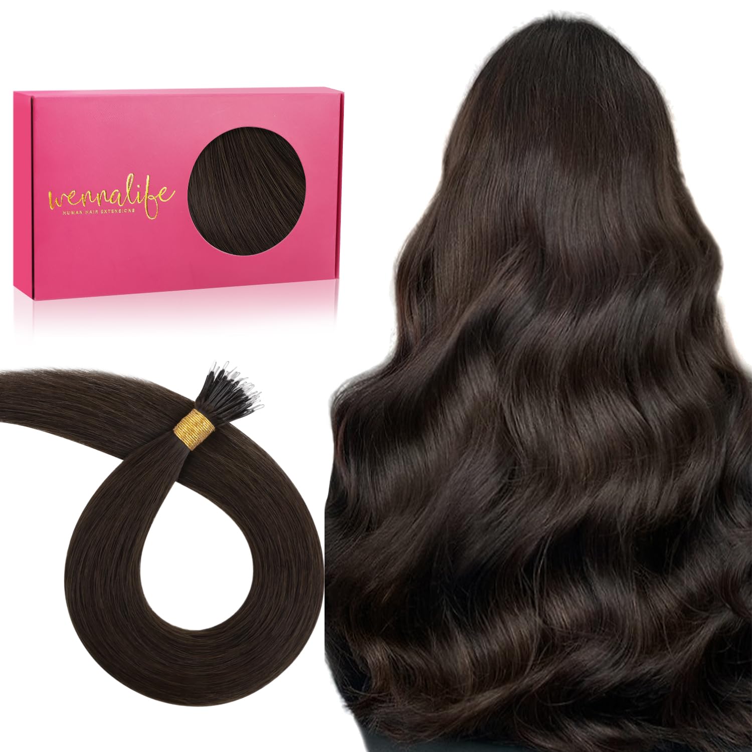 WENNALIFE Nano Hair Extensions Real Human Hair, 14 Inch 50g 100s Light Dark Brown Nano Beads Hair Extensions Invisible Nano Ring Real Hair Extensions for Women