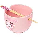 Silver Buffalo Sanrio Hello Kitty Strawberry Milk Japanese Character Ceramic Ramen Noodle Rice Bowl with Chopsticks, Microwave Safe, Pink, 20 Ounces