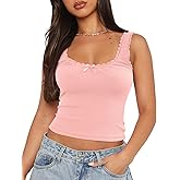 NODHUT Women's Tank Tops Cute Slim Fitted Ribbed Knit Bow Lace Camisole Top Sexy Summer Square Neck Sleeveless Going Out Tops