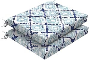 DYTXIII Set of 2 Outdoor Chair Cushions with Ties, Water Resistant Square Dining Seat Cushions for Home Porch Chairs and Patio Furniture Decoration 18.5"x16"x2"-Boho Geometry Blue