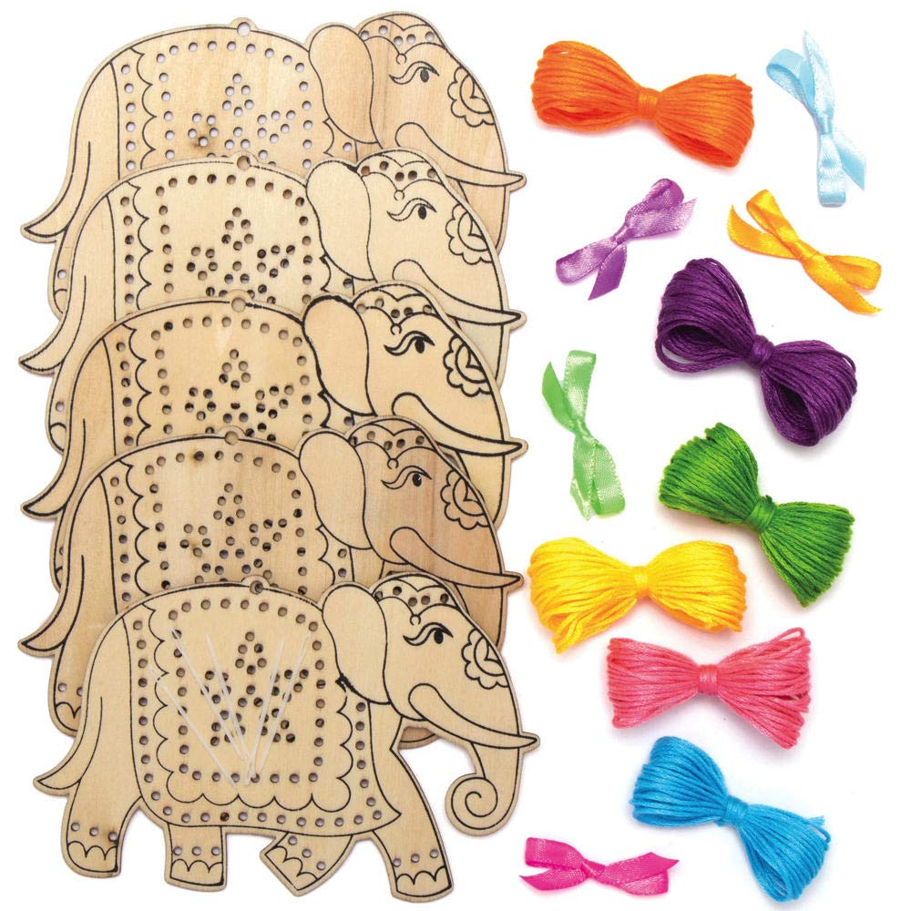 Baker Ross AX335 Ambari Elephant Wooden Threading Kits, Pack of 5, Educational Arts and Crafts for Children Rangoli - Image 3