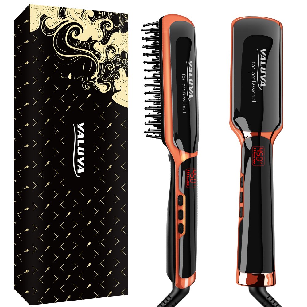 Hair Straightener Brush,YALUYA Ceramic Irons Straightener Brush Detangling and Silky Frizz-free Electric Comb,Amber Gold / Black