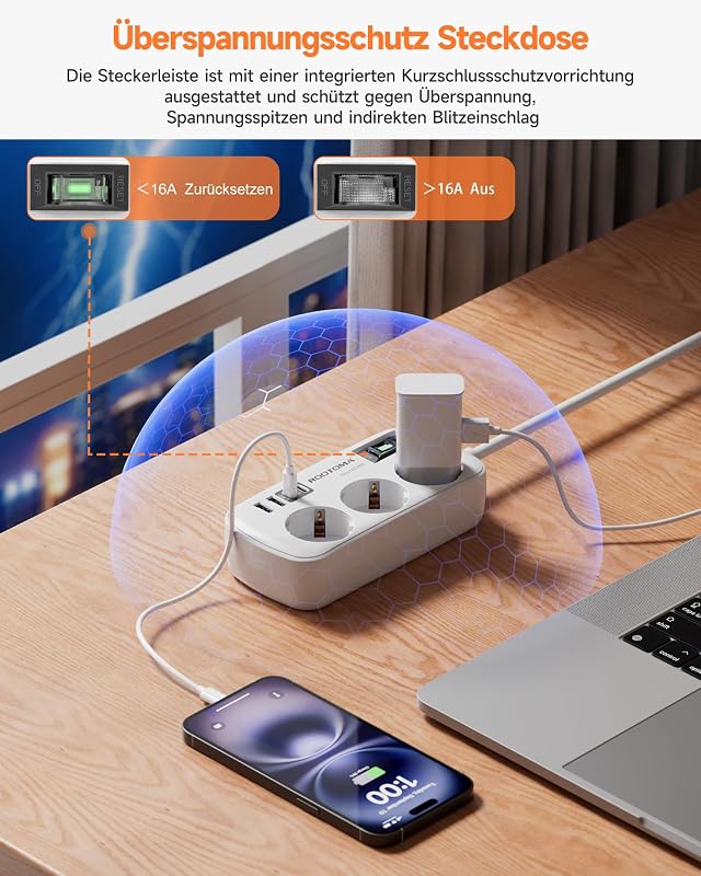 3 Fach Steckdose mit Überspannungsschutz Mehrfachsteckdose 4 USB(2 USB-C) — Foto 3 von 7
