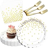 LOOWVY Gold Plates and Napkins Party Supplies, 35 7“ White and Gold Party Paper Plates, Disposable Plate for Wedding Birthday Birthday Decoration Tableware