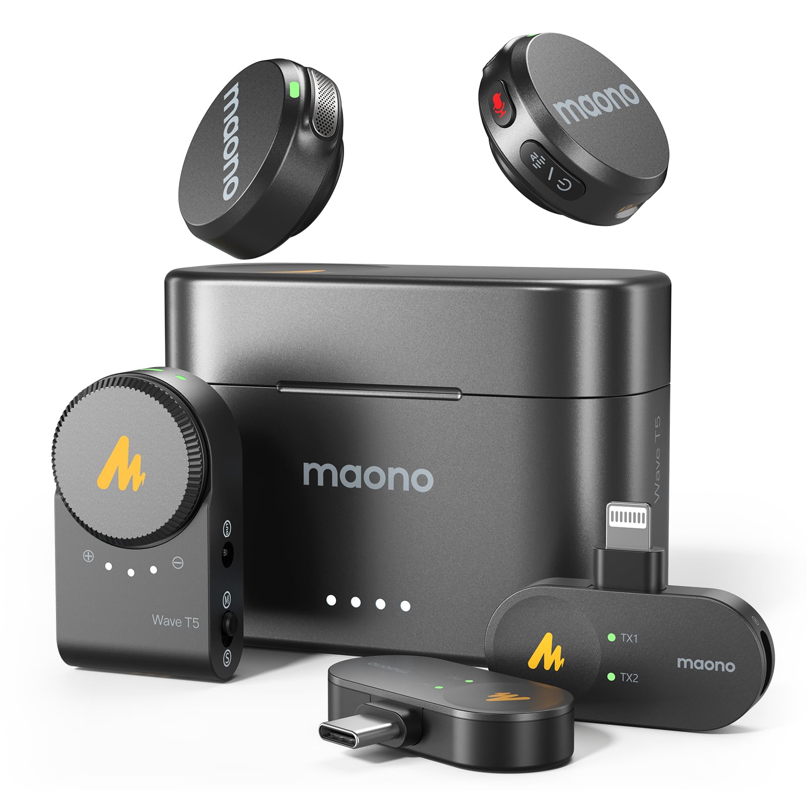 MAONO kabelloses Lavalier Mikrofon für iPhone/Android/Kamera/PC - Mini Mikrofon mit 48kHz/24Bit Hi-Fi Audio, 30Std Dauer, Geräuschunterdrückung. USB-C/Lightning/Kamera Plug Mini Mic für Vlog-Wave T5