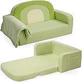 Foryoomi Extra Wide Kids Couch, 2-in-1 Soft Toddler Couch with Blanket, Comfy Toddler Chair, Convertible Sofa with Cute Rainbow Design, Green