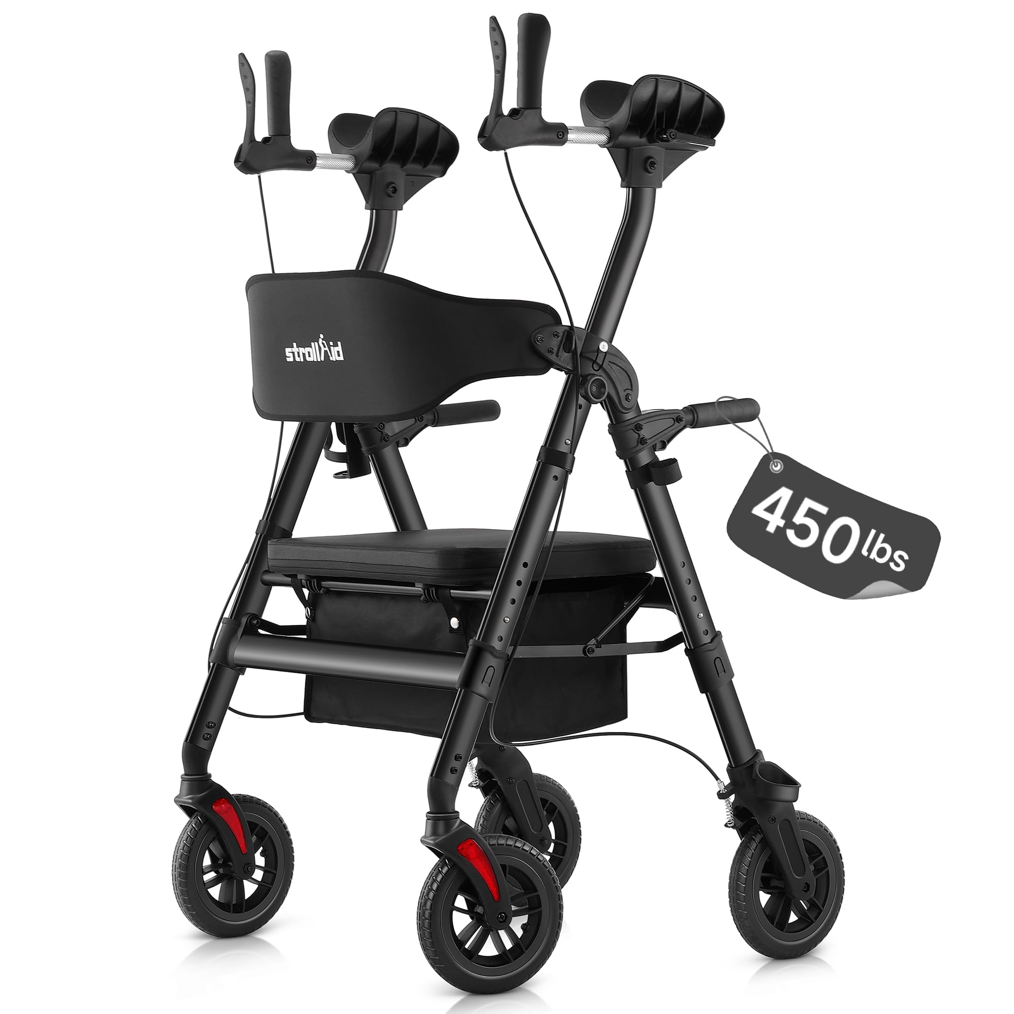 Photo 1 of StrollAid Upright Walkers for Seniors, Stand Up Rollator Walker with Padded Seat and Backrest, Heavy Duty Forearm Rollator with Support Handrail, Holds up to 450 pounds, Compact Folding, Black