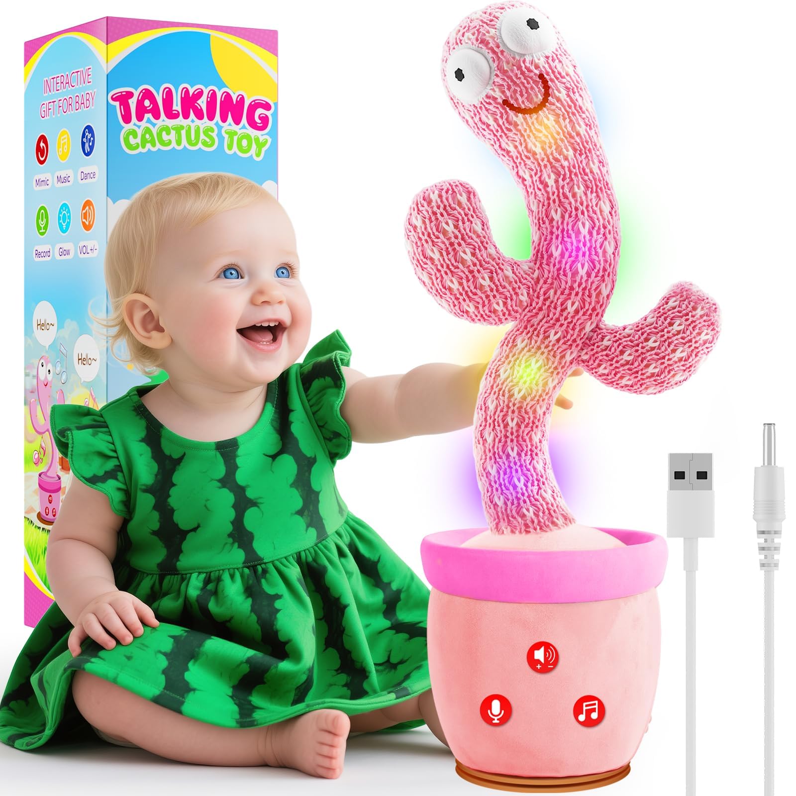 Photo 1 of Rechargeable Dancing Talking Cactus Toy Mimics Back, Mimicking Singing Cactus Baby Toy, Educational Learning Baby Toys w/ 51 English Songs for Babies, Baby Girl Toys, Valentines Day Gifts for Kids