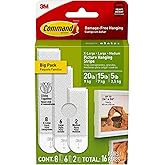 Command 20, 15, & 5 lb X-Large, Large, and Medium 16 Pairs Picture Hanging Strips (32 Strips), Damage-Free Hangers for Picture Frames, No Tools Required, Great for Home Room Wall Decor, White Adhesive