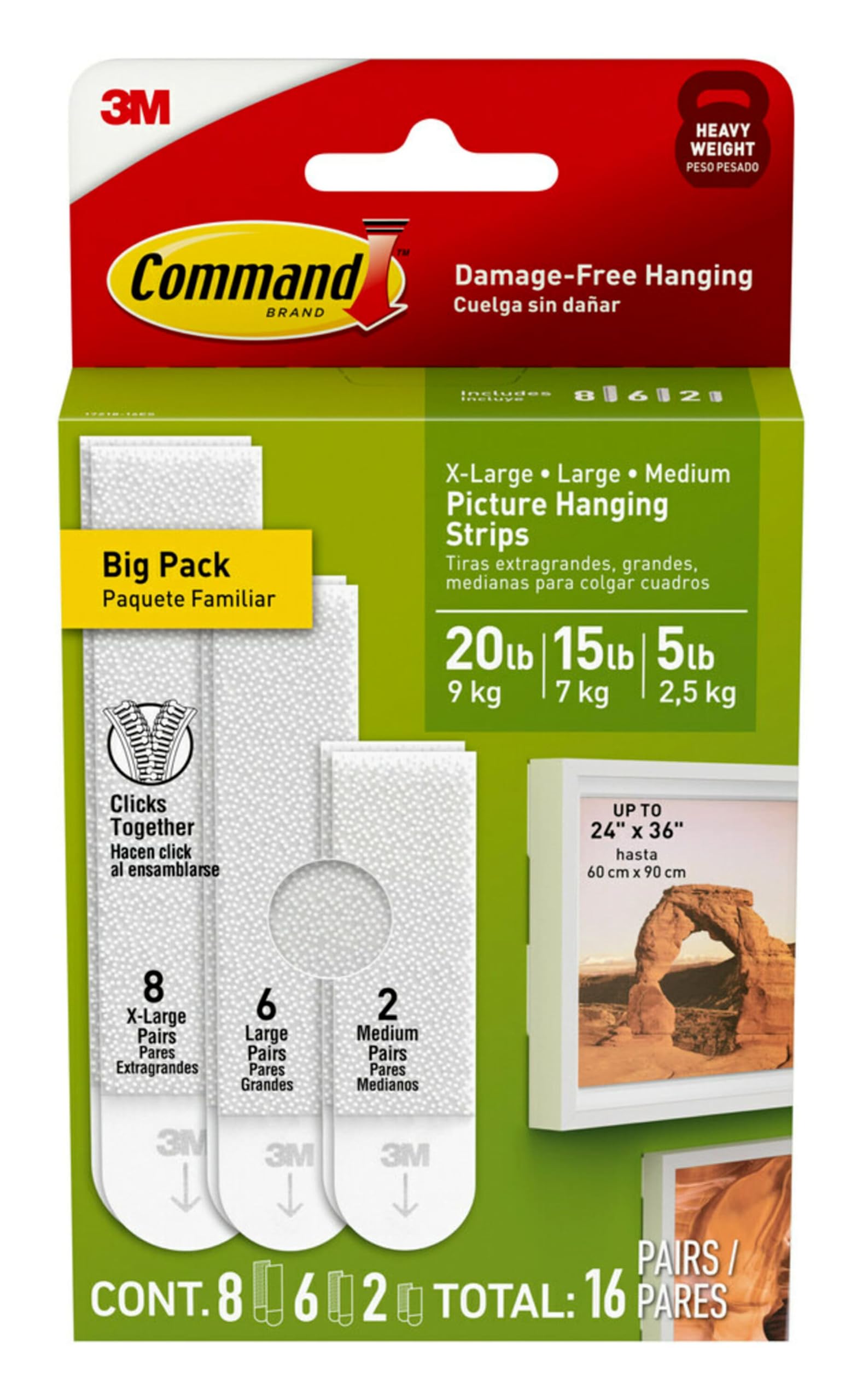 Photo 1 of Command Picture Hanging Strips Variety Pack, Damage Free Hanging Picture Hangers, No Tools Wall for Living Spaces, White, 2 Medium Pairs, 6 Pairs and 8 Extra Large Pairs