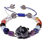Wizock Adjustable 7 Chakra Tumbled Stones Beaded Bracelets Spiritual Handmade Moonstone/Obsidian Fox Reiki Meditation Yoga Jewelry Bracelet for Women