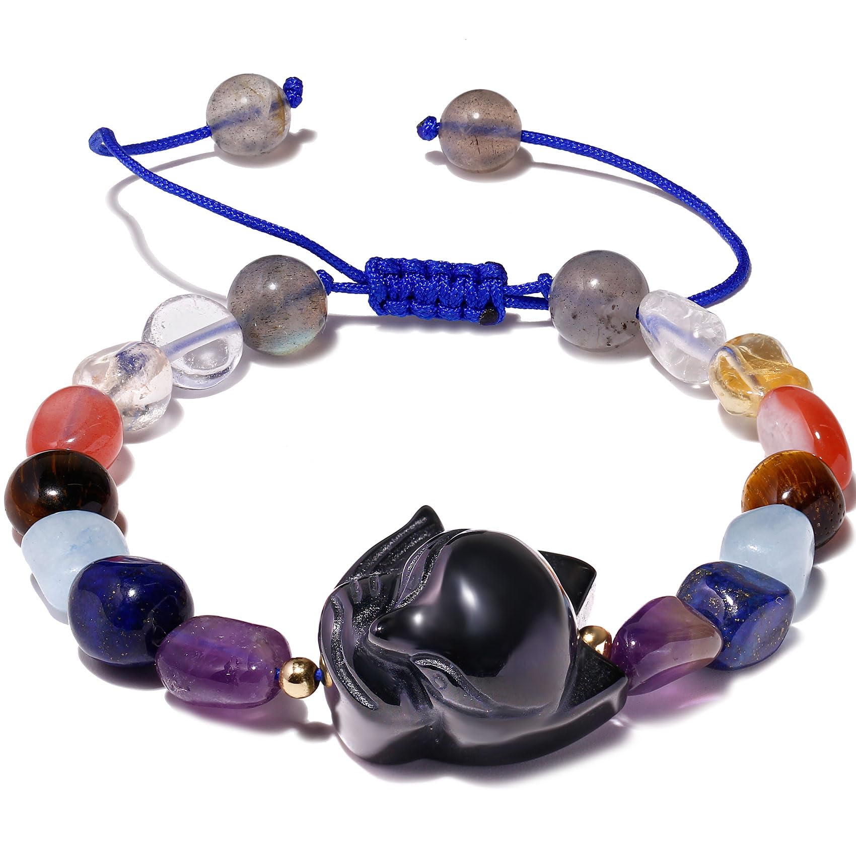 Wizock Adjustable 7 Chakra Tumbled Stones Beaded Bracelets Spiritual Handmade Moonstone/Obsidian Fox Reiki Meditation Yoga Jewelry Bracelet for Women