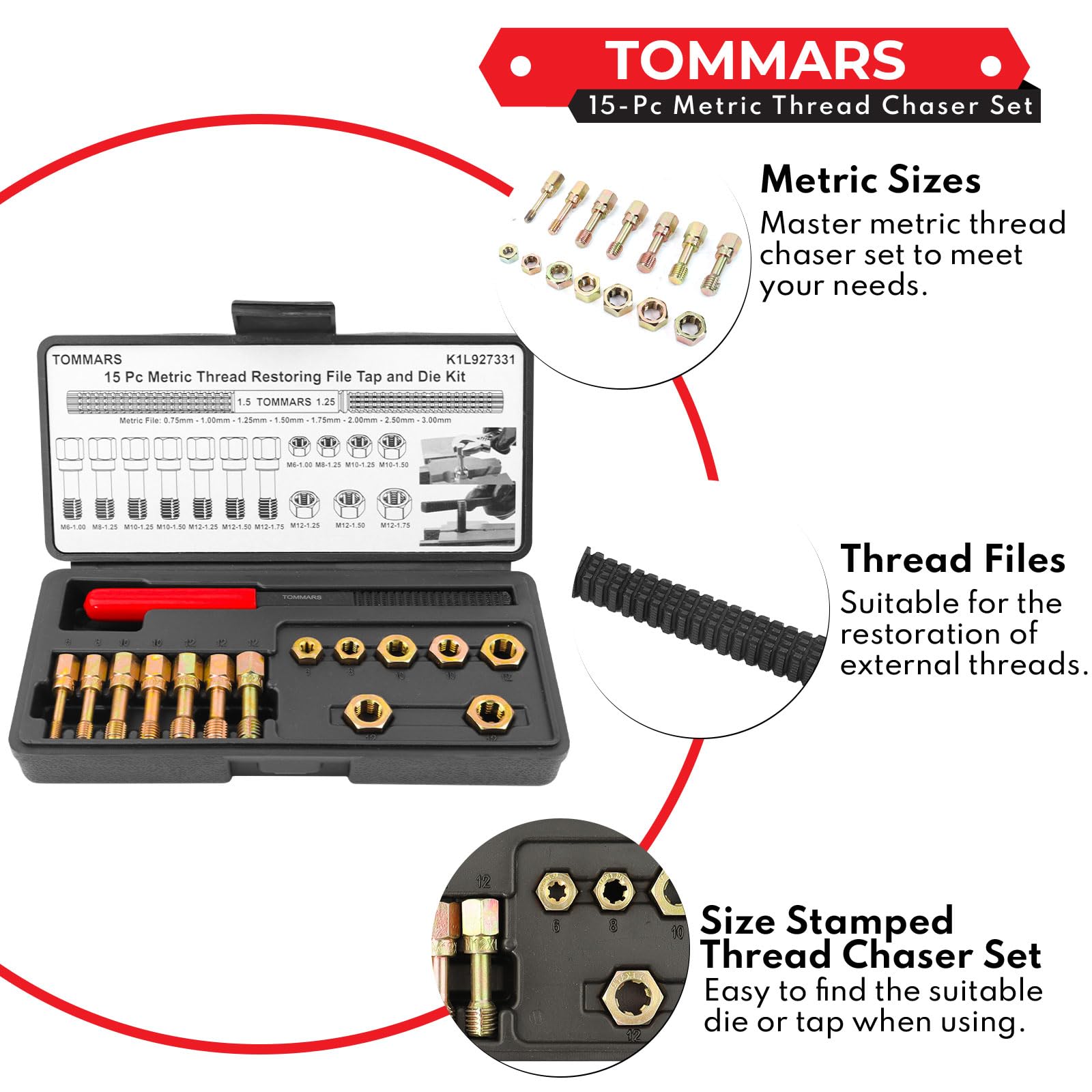 TOMMARS 15-Piece Metric Thread Chaser Set, M6 M8 M10 M12 Thread Restorer Tool Rethreading Repair Kit