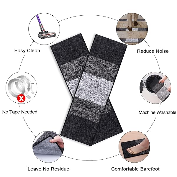 OLANLY STAIR TREADS NON SLIP 4PCS, 8″ X 30″ INDOOR STAIR RUNNERS FOR WOODEN STEPS, EDGING STAIR RUGS WITH REUSABLE PEEL AND STICK ADHESIVE FOR KIDS ELDERS AND PETS, BLACK