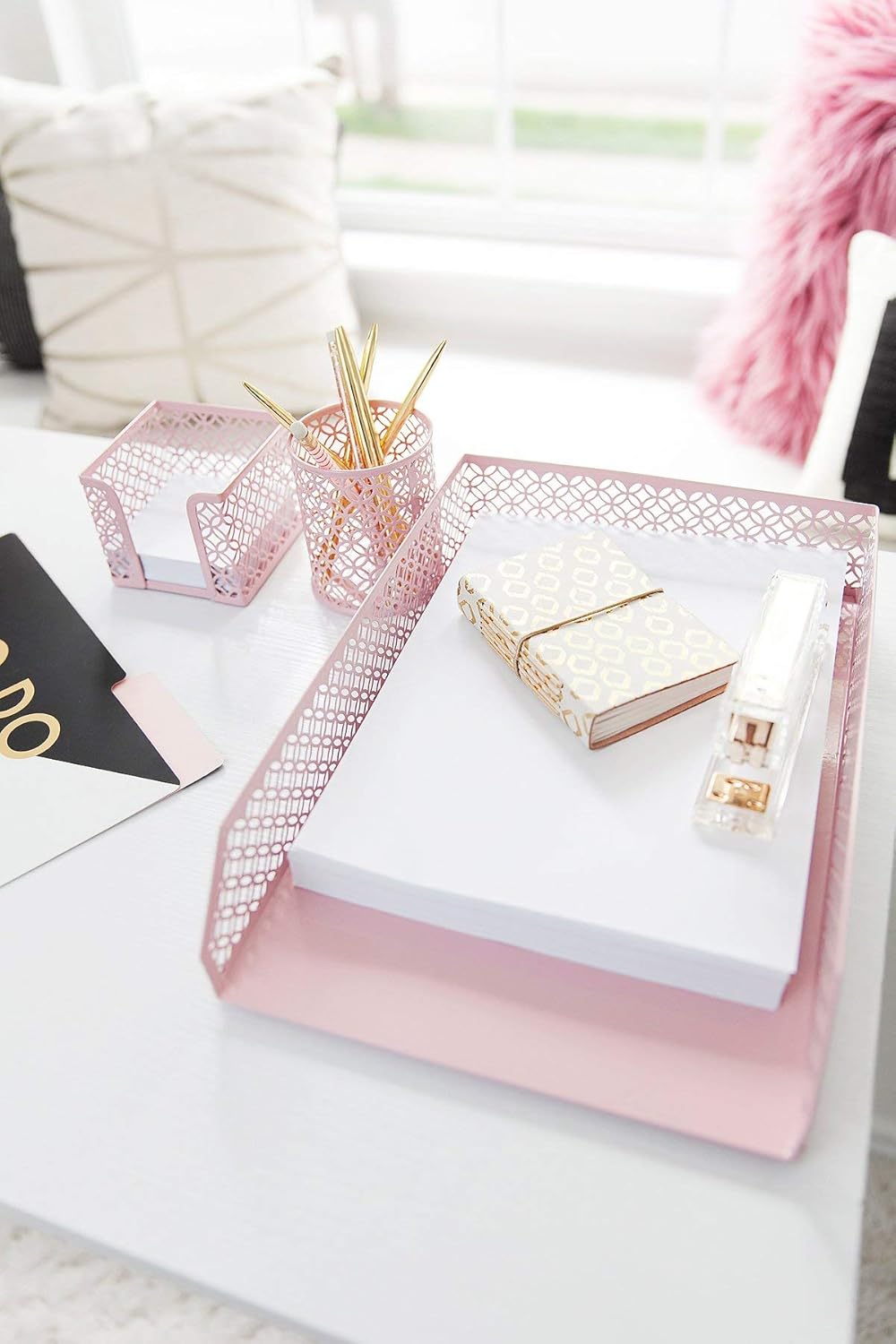 Blu Monaco Office Supplies Pink Desk Accessories for Women-5 Piece Desk Organizer Set-Mail Sorter, Sticky Note Holder, Pen Cup, Magazine Holder, Letter Tray-Pink Room Decor for Women and Teen Girls : Office Products