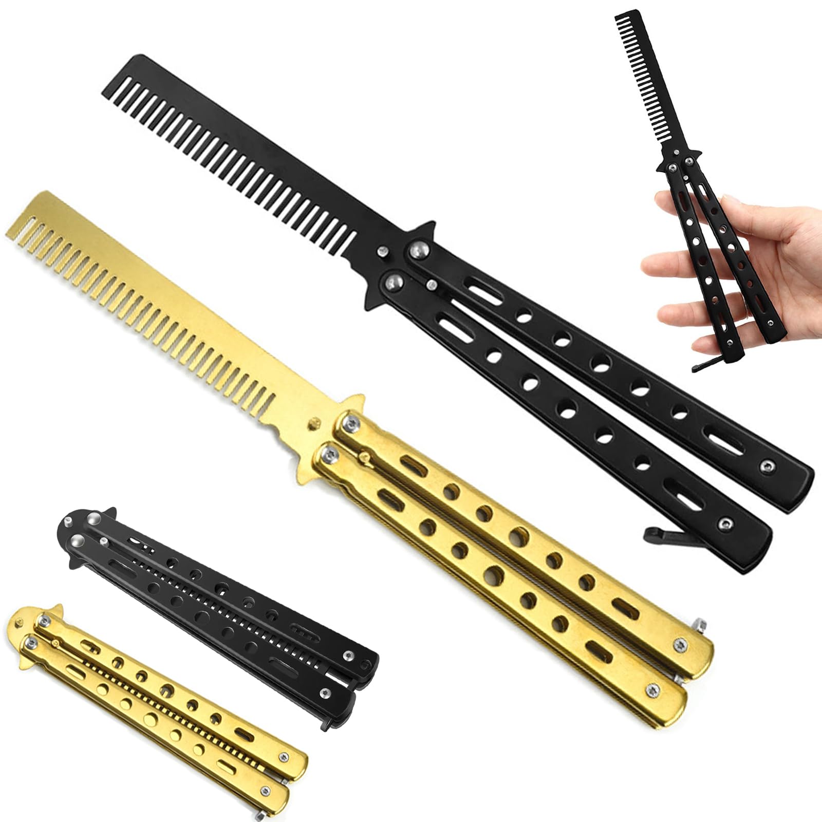 Butterfly Comb, 2 PCS Butterfly Comb Stainless Steel Foldable,Training Comb, Foldable Pocket Comb, Folding Comb, Hair Styling Accessories Butterfly Comb Beginner, Hair Comb for Hair(Black/Gold)