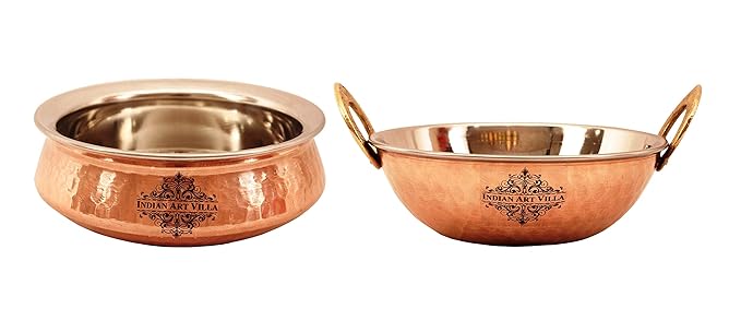 Indian Art Villa Steel Copper Set of 1 Dish Serving Handi 500 ML with 1 Kadhai Karahi Kadai Wok 450 ML - Serving Dishes Vegetables Home Hotel Restaurant Tableware Serveware