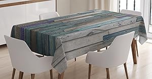 Ambesonne Rustic Tablecloth, Image of Blue Grey Grunge Wood Planks Barn House Door Nails Country Life Theme Print, Dining Room Kitchen Rectangular Table Cover, 60" X 84", Teal Purple