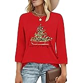 RECUTEWU Christmas Shirts for Women: Merry Christmas Print Tshirt Xmas Tree Holiday 3/4 Sleeve Tee Tops