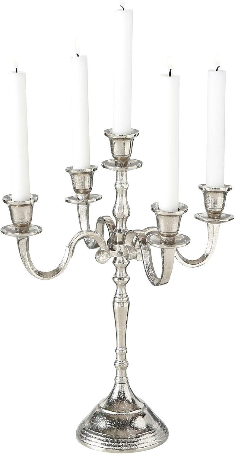 WHW Whole House Worlds Hamptons Five Candle Candelabra, Silver Finish, Centerpiece, Hand Crafted of Cast Aluminum, Atelier Craft Surface Details, Over 1 FT High, (15.75 Inches): Home & Kitchen