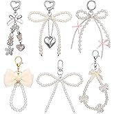 Sureio 6 Pcs Cute Bow Keychain for Women Pearl Key Chains for Car Keys Coquette Bow Keychain Accessories Aesthetic Bag Charms