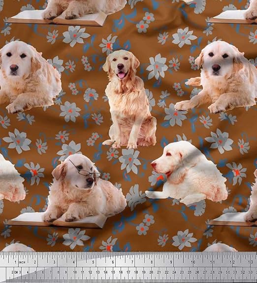 Soimoi Braun modaler Satin Stoff Blumen, Buch & Golden Retriever Hund