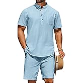 COOFANDY Men's 2 Piece Cotton Linen Sets Summer Beach Outfits Casual Short Sleeve Henley Shirts and Vacation Shorts