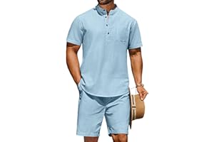 COOFANDY Men's 2 Piece Cotton Linen Sets Summer Beach Outfits Casual Short Sleeve Henley Shirts and Vacation Shorts