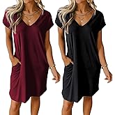 Ekouaer Womens 2 Pack Nightgown V Neck Sleepshirt Short Sleeve Nightshirt Plain/Floral Pajama Dress with Pockets