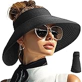 PFFY Sun Hats for Women Straw Beach Hat Packable Foldable Wide Brim Ponytail Travel Visor