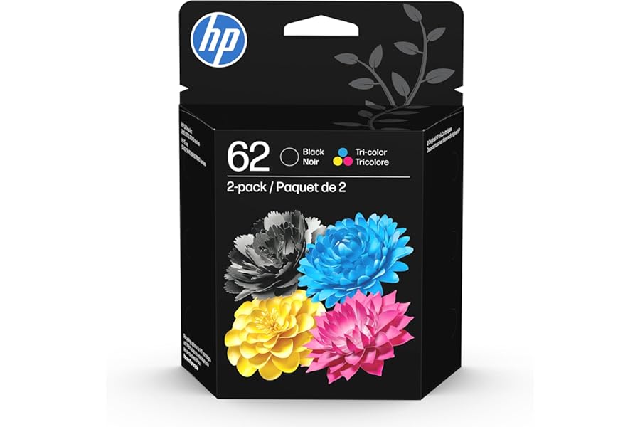 HP 62 Black/Tri-Color Ink (2-Pack) | Works with Envy 5540, 5640, 5660, 7640, OfficeJet 5740, 8040, OfficeJet Mobile 200, 250 | Instant Ink Eligible | N9H64FN | Packaging May Vary