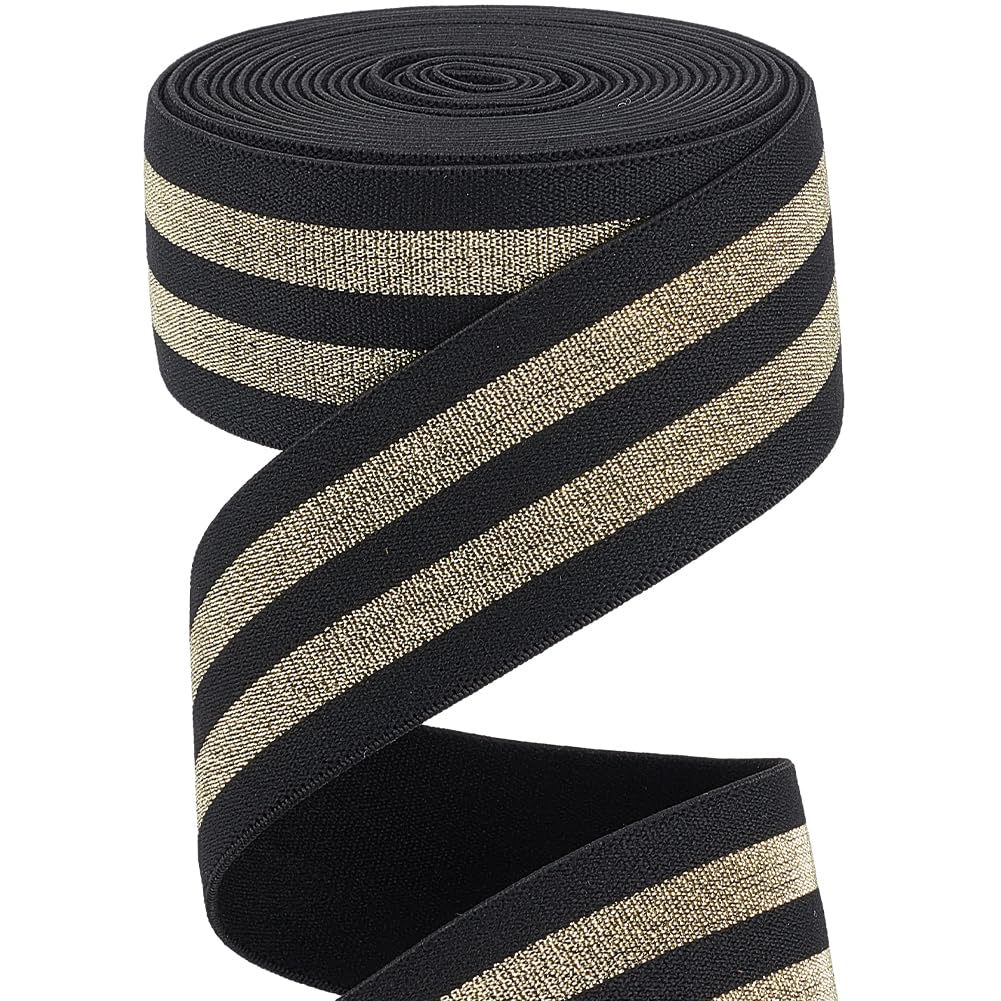 GORGECRAFT 40mm Wide Metallic Gold Striped Elastic Band 4.7 Yards Black Stretch Ribbon Trim Comfortable Glitter Stripes Headband for Waistband Sewing Craft Project Webbing Garment Accessories