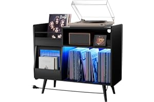 MULEJYBO Large Record Player Stand with Sliding Door,350 Vinyl Record Storage Cabinet, Record Player Table with Power Outlet and LED Light,Turntable Stand with Wood Legs for Living Room,Bedroom,Office