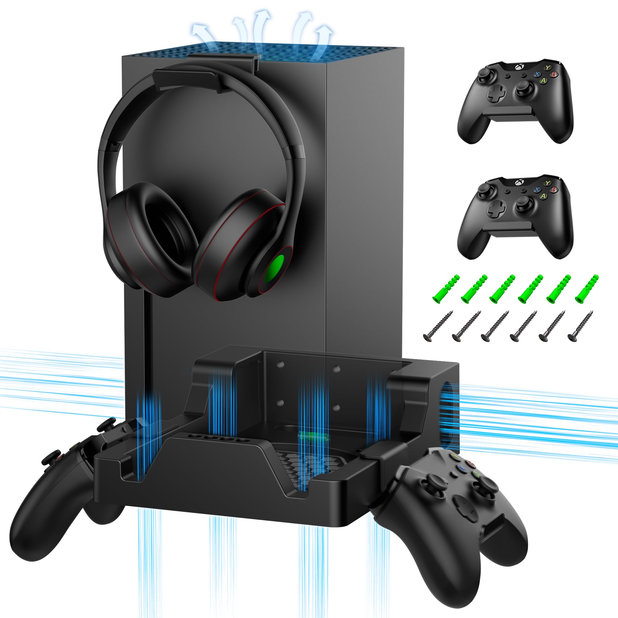Wall Mount for Xbox Series X - with 2 Controller Wall Mount and 3 Detachable Holders, Wall Mount Kit for Xbox Series X Accessories, Dual Vent Design Wall Shelf, Place Console Front Facing