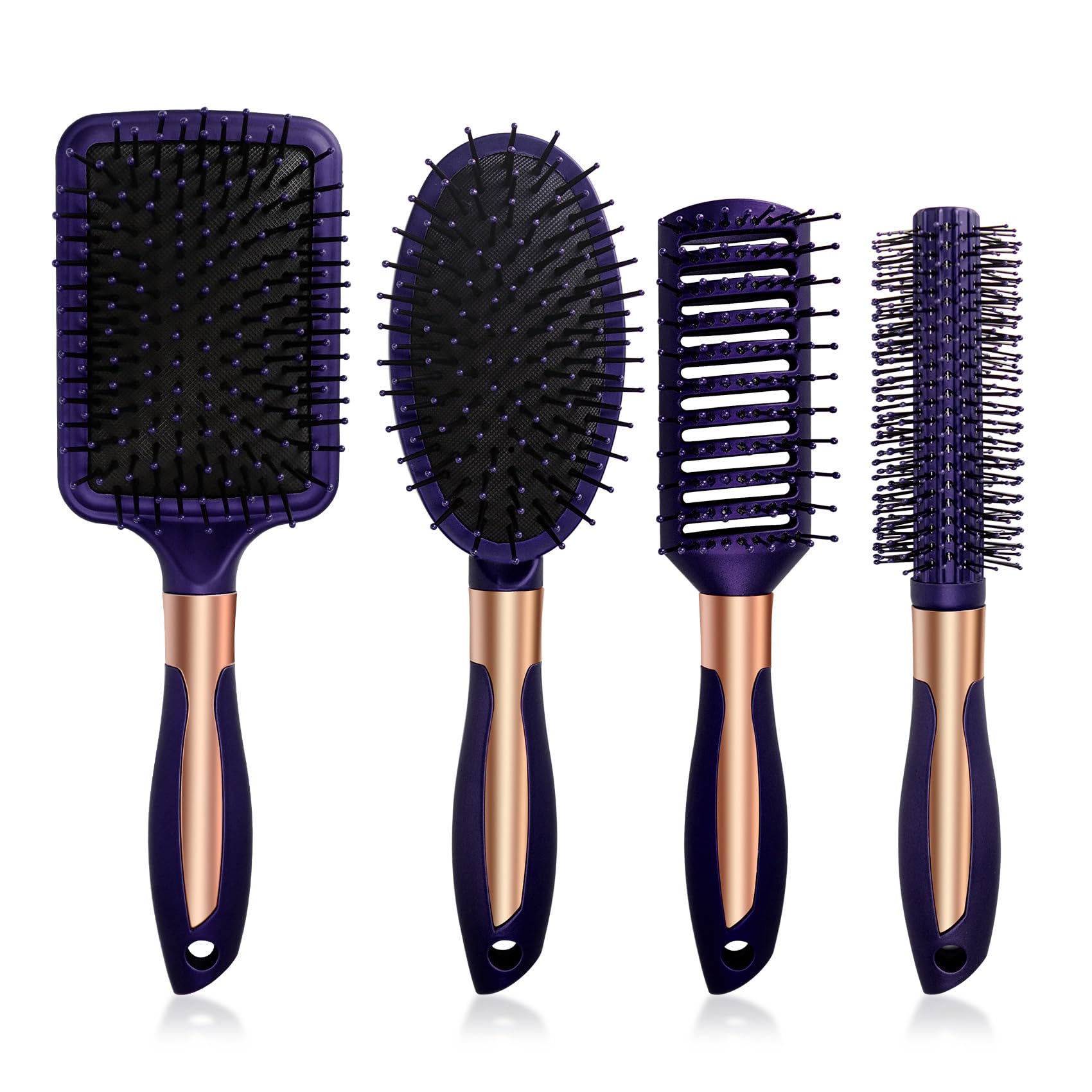 Purple Anti Static Oval & Round Hair Brush Set - Vent, Massage, Detangling & Paddle Brush for Women & Men