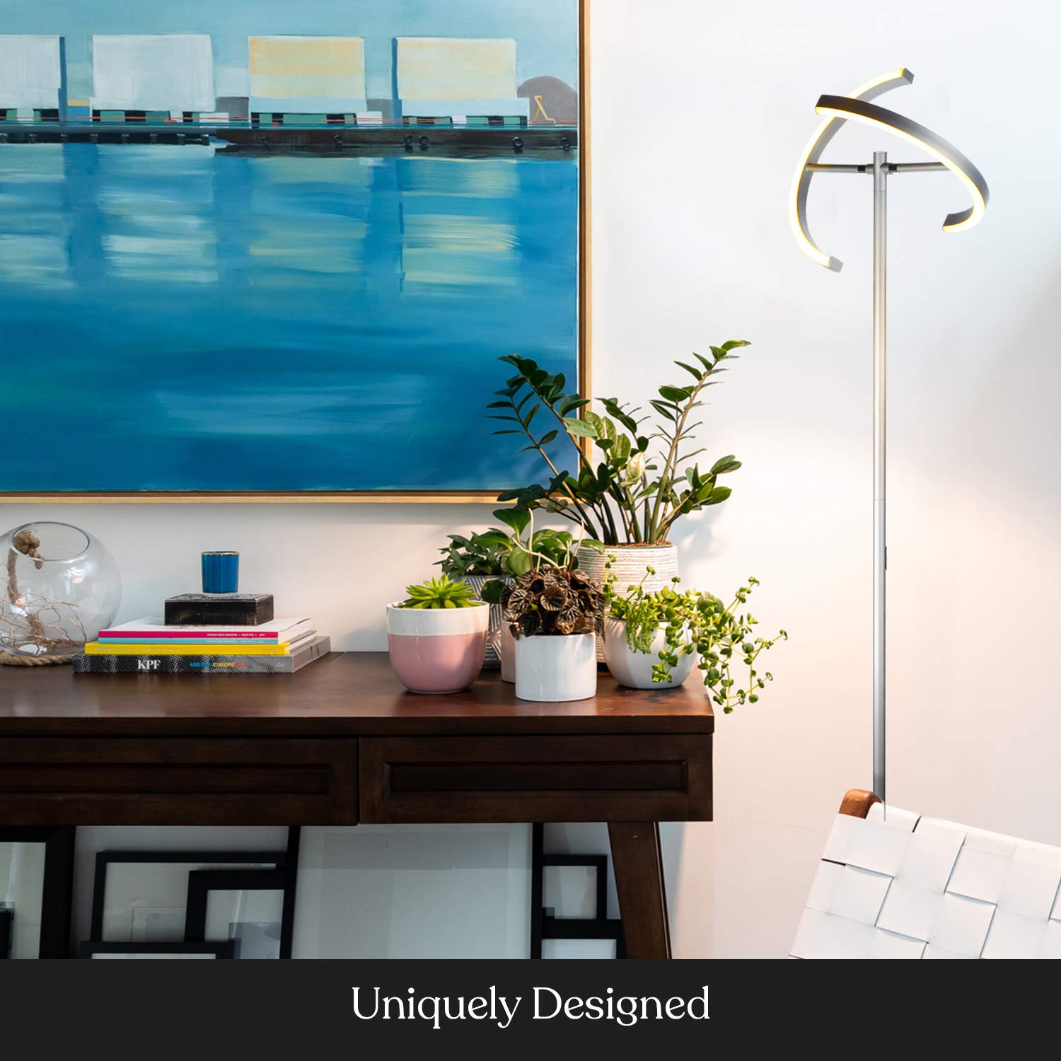 Brightech Halo Split Floor Lamp, Modern Bright LED Torchiere Floor Lamp for Offices - Dimmable, Tall Standing Lamp for Living Room or Bedroom - Adjustable Light w/Rotating Angles - Platinum Silver