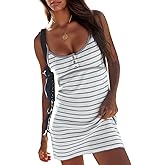 Wenrine Womens Summer Striped Mini Dress Casual Henley Scoop Neck Sleeveless Short Dresses