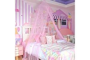 MACEVIA Princess Canopy for Girls with Glowing Stars, Pink Bed Canopy Curtains for Girls Bedroom Decor for Single Twin Queen Full Size Bed Netting Canopy Ceiling Tent - Unicorn
