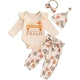 Newborn Baby Girl Halloween Outfit Ruffle Sleeve Pumpkin Face Romper Long Pants Headband 3 Piece Frist Fall Clothes