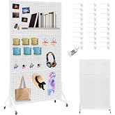 Eastern Tree Metal Pegboard Display Stand 3.5 x 6 Feet with 30 Hooks, Standing Pegboard Display with Wheels, Peg board Display Rack, Large Pegboard Panels - White