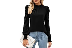 LUYAA Womens Tops Dressy Casual Frill Mock Neck Smocked Cuffs T Shirts Long Puff Sleeve Blouses