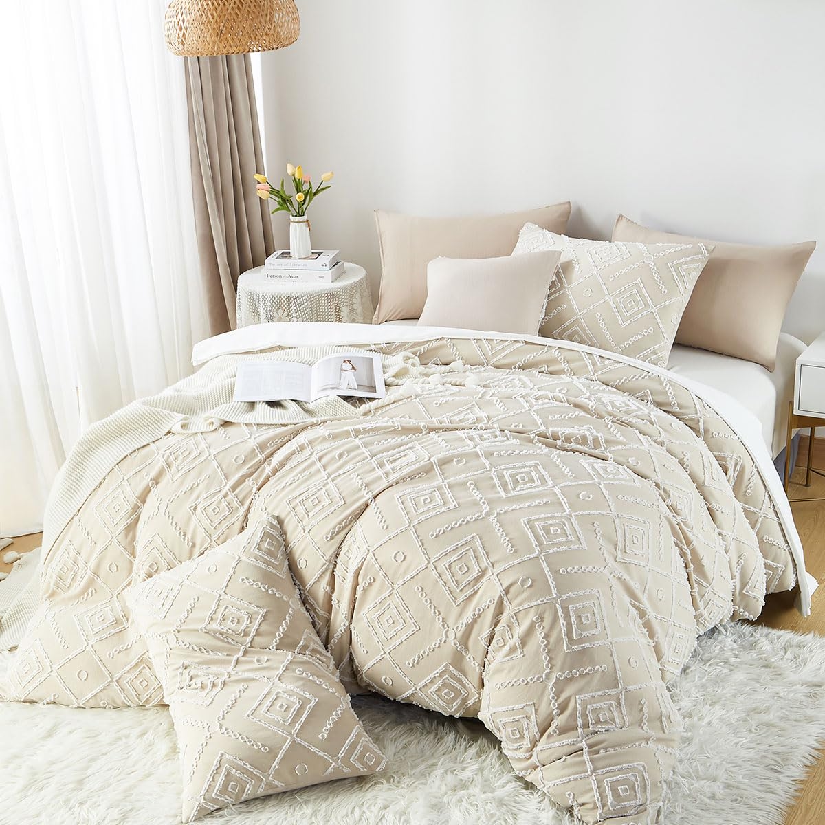 Lanqinglv Duvet Cover Set King Size Beige Tufted Boho Bedding Duvet Covers 3 Pieces,Embroidery Shabby Chic Geo Duvet Cover with Zipper Closure and 2 Pillowcases 50x75cm — image 1