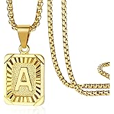 MOWOM Initial Letter Pendant Necklace for Men Women Square Pendant Capital Monogram Necklace Gold Plated A-Z Letter Pendant Necklace 22-inch Gold Initial Necklace