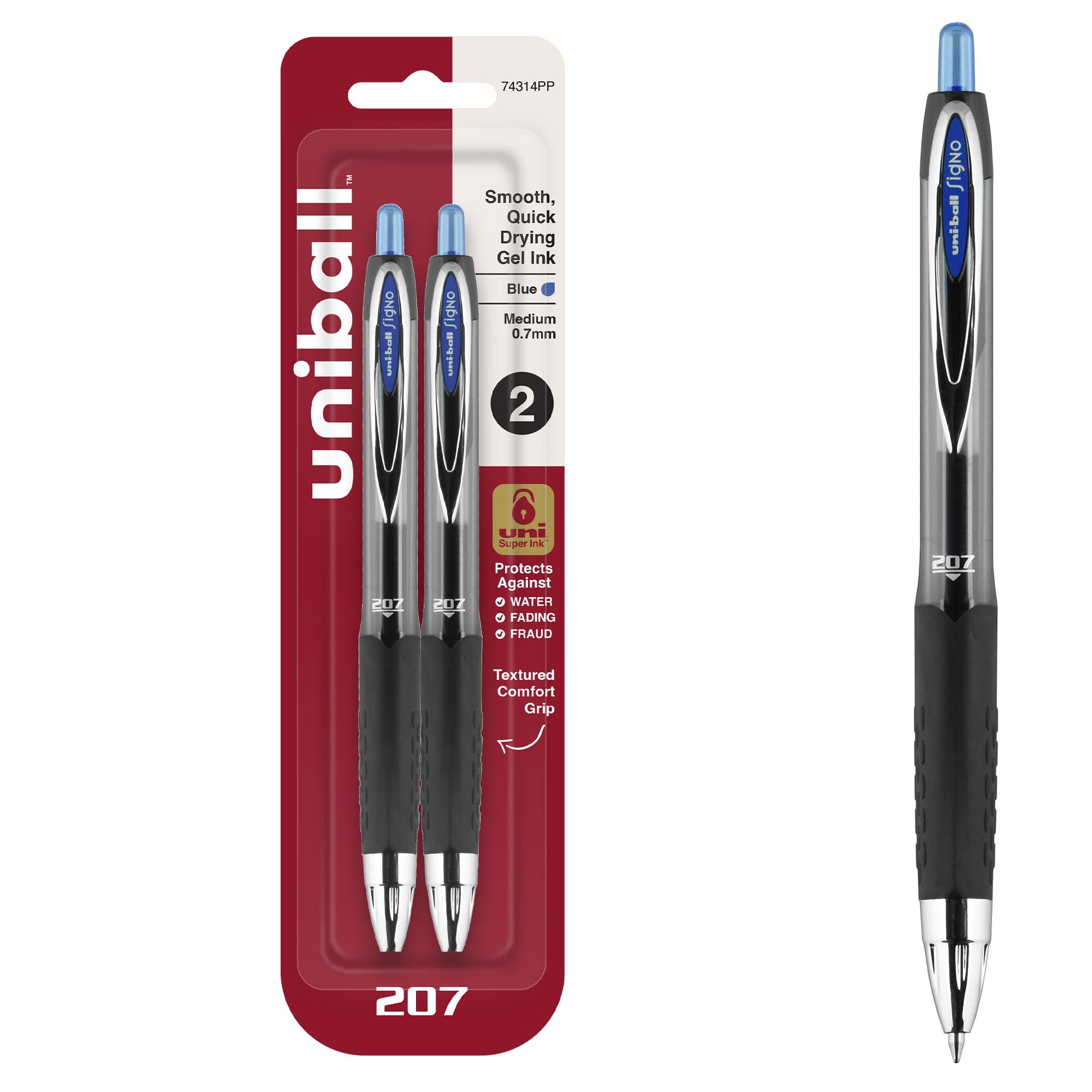 Photo 1 of Uniball Signo 207 Gel Pens, 0.7mm Medium Blue, 2 Pack, Archival-Quality Ink, Quick-Drying, Water-Resistant, Stainless Steel Tip