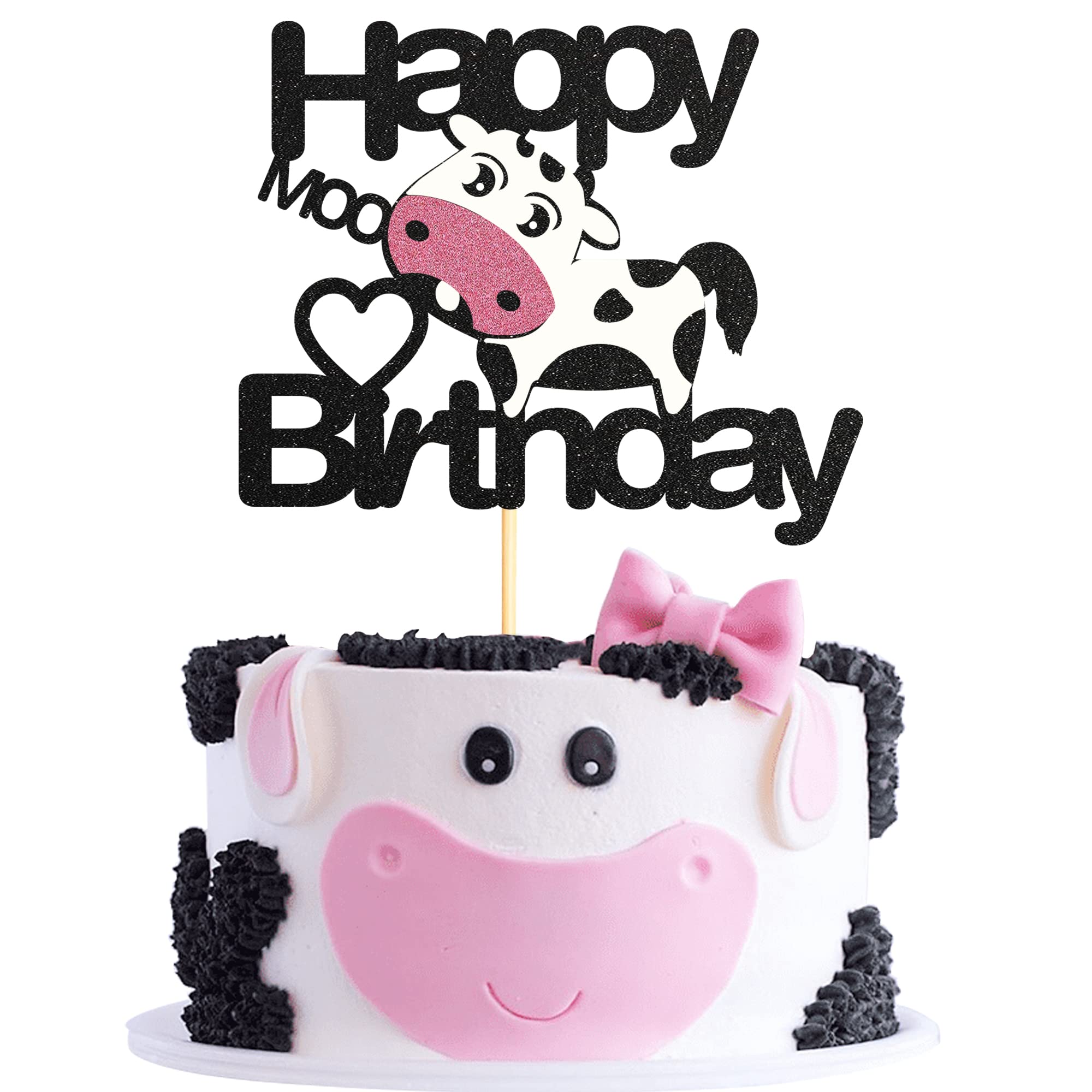 Sotpot 1PC Happy Birthday Cow Cake Topper Glitter Cow Cake Topper for Baby Shower Cow Farm Animal Themed Birthday Party Cake Decorations Supplies