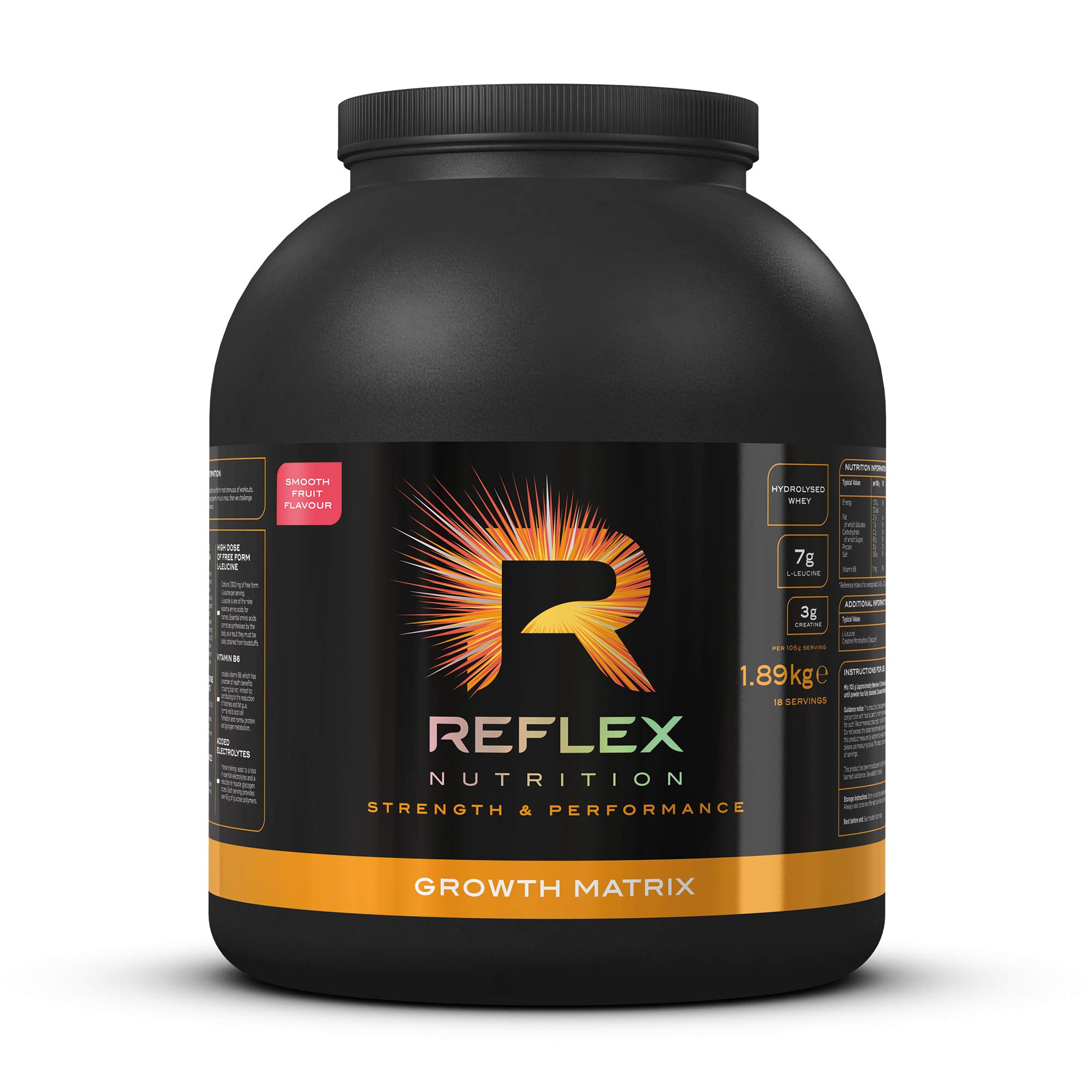 Reflex Nutrition Growth Matrix Post Workout Protein Powder Recovery Protein Powder 38g Protein per serving with BCAA's & Creapure Creatine (Smooth Fruit) (1.89kg)