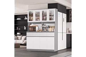 Keyluv 75" Tall Kitchen Pantry Storage Cabinet with Drawers and Glass Doors, 55" Wide Kitchen Hutch Cabinet with Microwave Stand Coffee Bar, Food Pantry with Hutch Shelf for Dining Room, White/Grey
