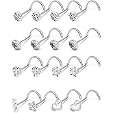 Boernfnso 20G 18G Corkscrew Nose Rings Stud Surgical Steel Cubic Zirconia Nose Studs Heart-Shaped Nose Studs for Women Men Curved Screw Stud Nose Piercing Jewelry