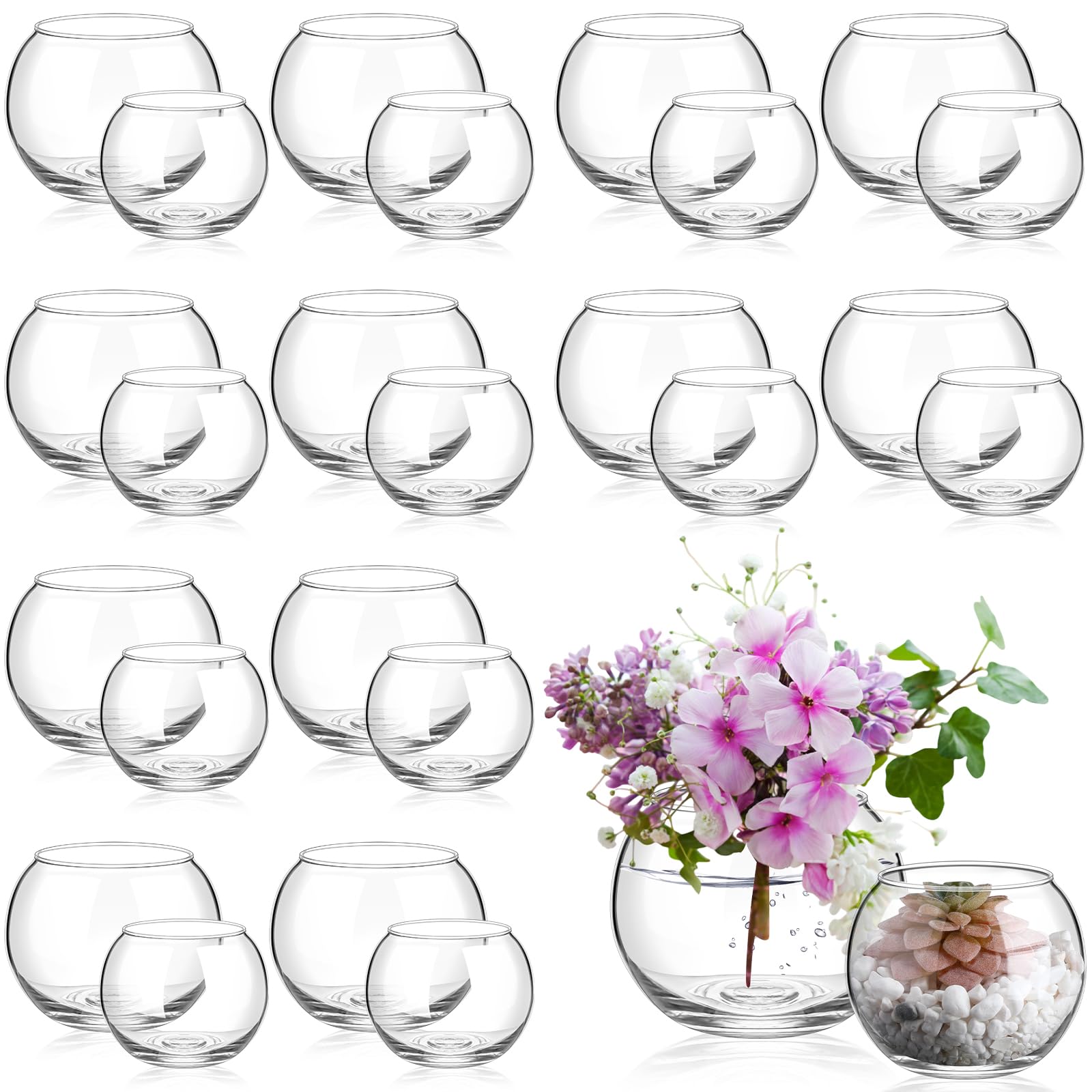 Photo 1 of Zopeal 24 Pcs Fish Bowl Vase Glass Bubble Bowl Globe Glass Clear Bubble Vase Round Terrarium Goldfish Flower Centerpiece for Wedding Event Arrangement Office Home (2.36"h X 2.76"w and 3.15"h X 3.94"w)